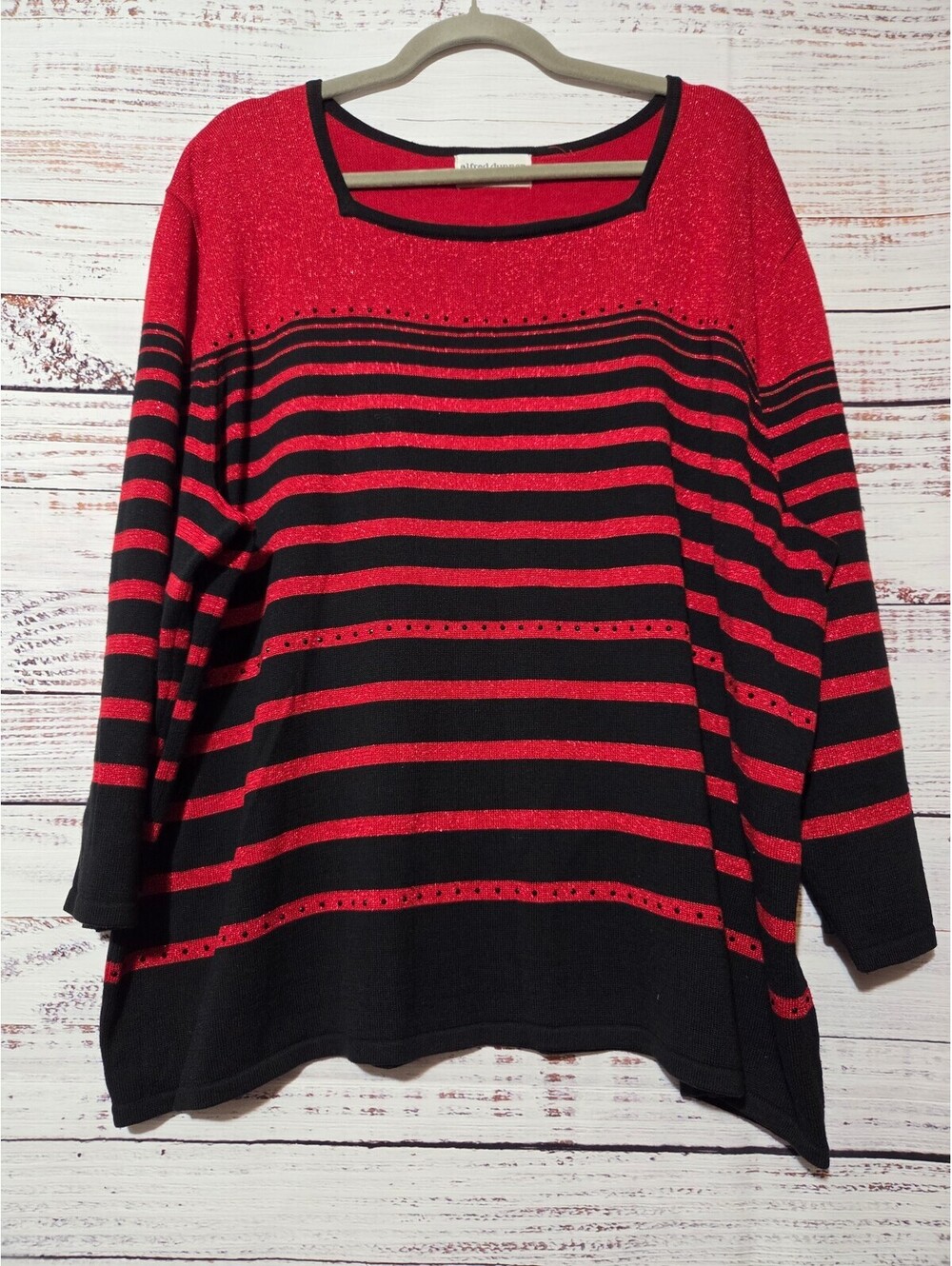 alfred dunner Woman Size 3x Red Black Striped Pullover Sweater Long Sleeve